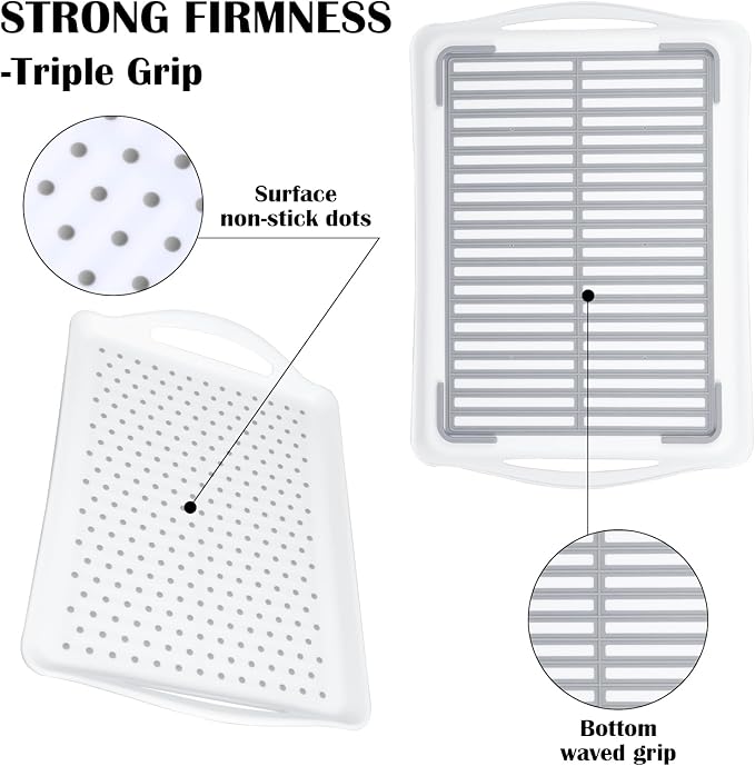 2 Pcs Large Rectangular Non Slip Serving Tray with Handles, Silicone Gripping Nubs Lap Food Trays for Eating, Dishwasher Safe Serve for Dinner Snack Fruit Dessert Beverage, Rectangular(White)