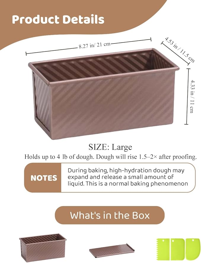 Pullman Loaf Pan with Lid & Dough Scraper Cutter, Nonstick Carbon Steel Bread Baking Pan, Heavy Duty Bakeware, Perfect for Homemade Sandwich, Sourdough, Toast & Cake