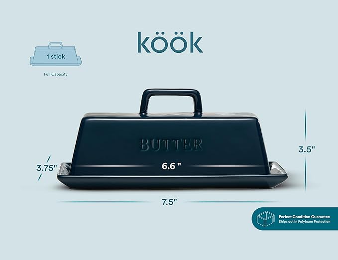 Butter Dish with Lid for Countertop, by Kook, Ceramic Dish Tray with Cover, Kitchen Keeper, Container, Holder (Navy Teal)