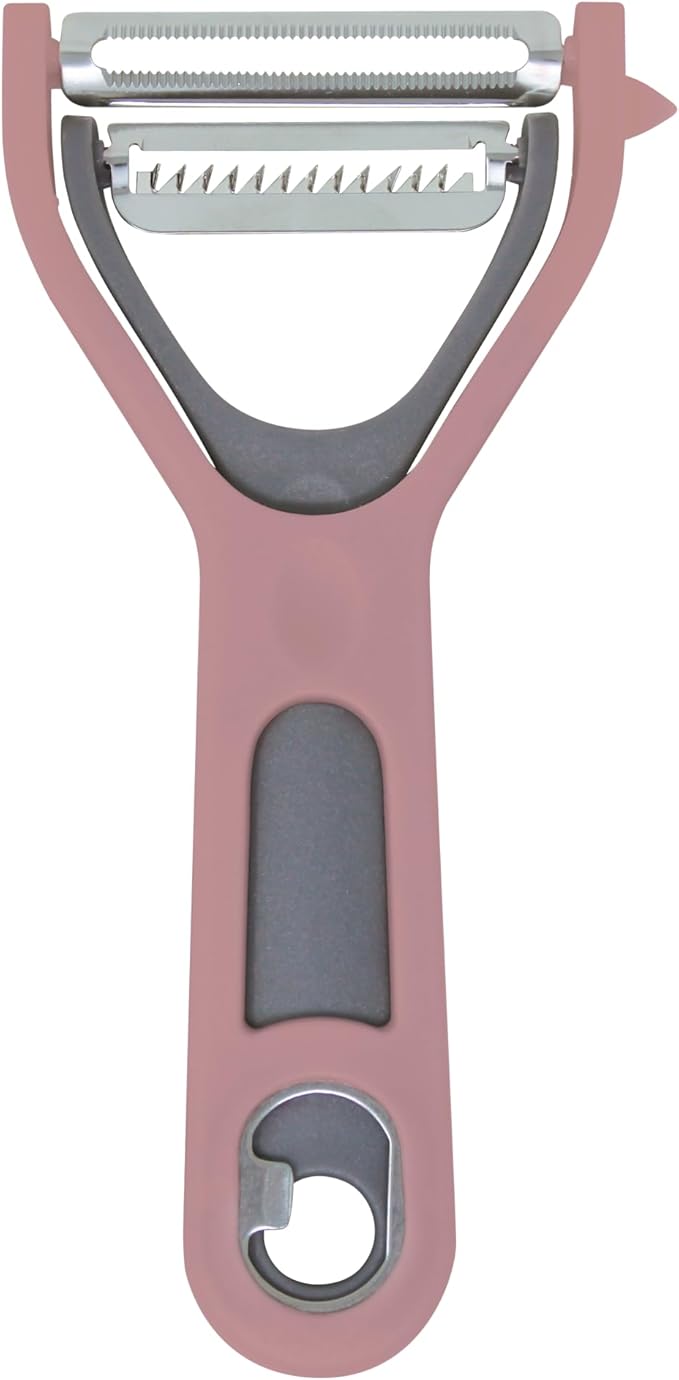 3 in 1 Vegetable Peeler – Julienne Slicer with Bottle Opener and Built-in Eye Remover – Stainless Steel Blade with Comfortable Handle – Potato, Cabbage, and Carrot Peeler for Kitchen – Pastel Pink