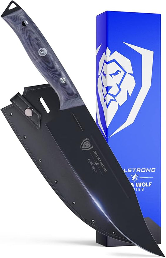 Dalstrong Chef Knife - 8 inch - Delta Wolf Series Knife - Ultra-Thin & Zero Friction Blade - HC Steel Chef's Knife - Black Titanium Nitride Coating - G10 Camo Handle - Leather Sheath