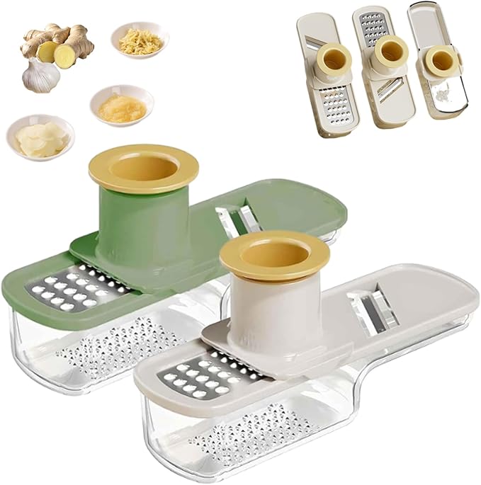 Multifunctional Garlic Grinder, Mini Garlic Slicer, Vegetable Cutter with Container, For Easy Slicing and Grinding, Shredding & MincingGarlic, Ginger & Vegetables (Green Beige)