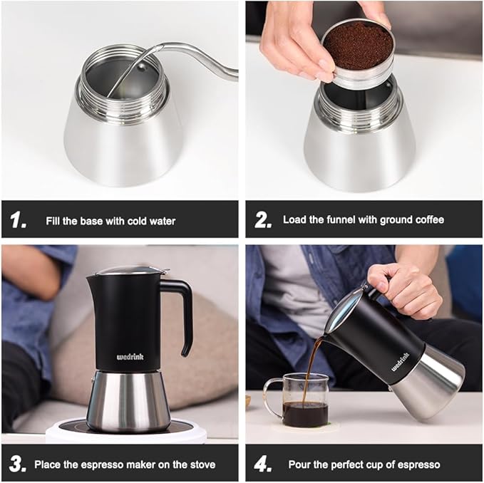 wedrink Stovetop Espresso Maker 6 Espresso Cups Stainless Steel Moka Pot for Greca, Induction, Electric & Gas Stoves(10 OZ/300ml)
