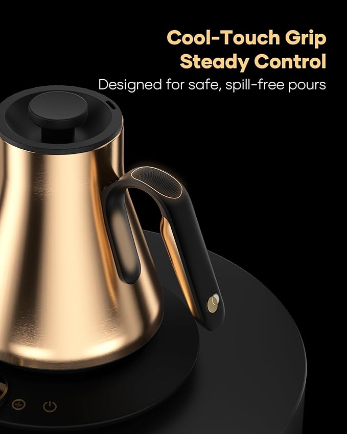 Cocinare FLOW B9 Gooseneck Electric Kettle, Precise Temperature Control for Pour-Over Coffee & Tea Brewing, Stainless Steel Interior, Rapid Heating for Boiling Water 0.9L (Gustav Gold)