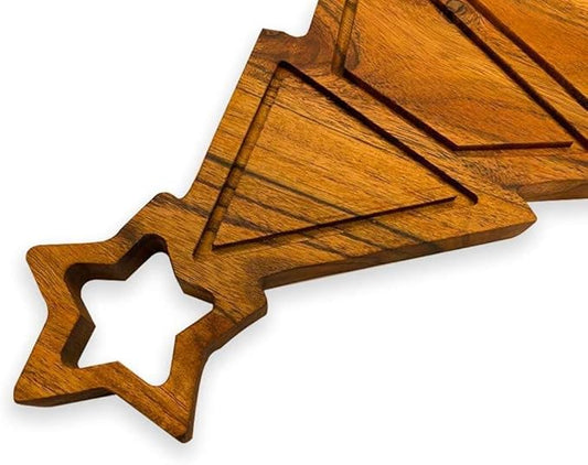 Treen Art Wooden Christmas Cutting Board for Kitchen Decor, 11"L x 9.75"W Star Tree Shaped Acacia Wood Chopping Board with Handle & Grooves, Serving Charcuterie Platter