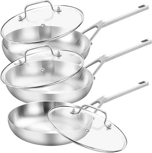 Yeksum 3 Ply Stainless Steel Pan Set, 8" 10" 12", Fast & Even Heating, Up to 650F, Oven & Dishwasher Safe, Compatible with All Cooktops