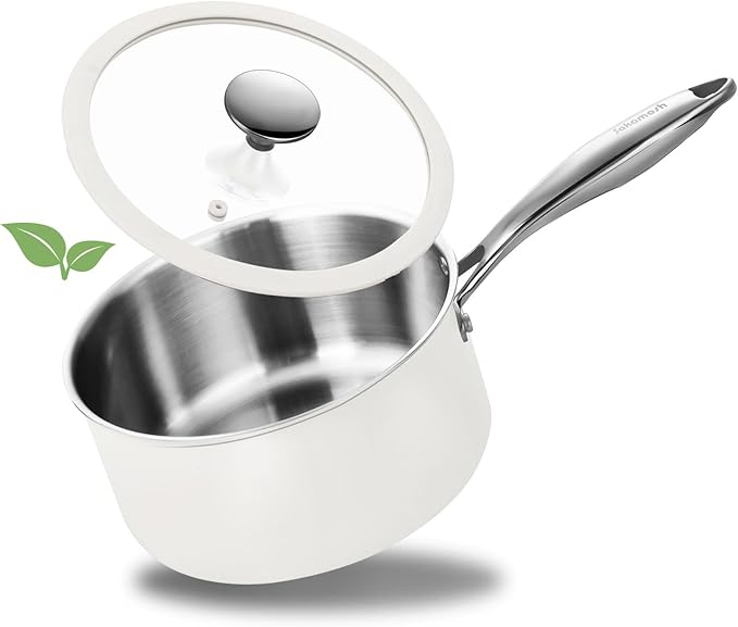 SAKAMOSH 1.5 Quart Tri-ply Stainless Steel Saucepan with Glass Lid, Induction Sauce Pan Compatible with All Cooktops, Non-Toxic Sauce Pot with Stay Cool Handle, Oven & Dishwasher Safe
