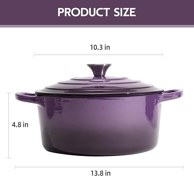 6 Quart Dutch Oven Enameled Cast Iron with Lid - Big Dual Handles - Oven Safe up to 500°F - Classic Round Pot for Versatile Cooking Purple