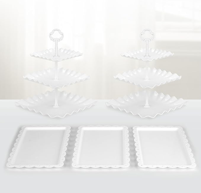 NWK 5 Piece Cake Stand Set with 2 x Large 3-Tier Cupcake Stands, 3 x Appetizer Trays, for Wedding Birthday Baby Shower Tea Party Decorations (White)