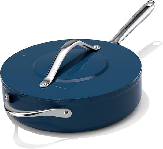 CookinCraze Nonstick Ceramic Sauté Pan w/Lid (4.5 qt, 11") Deep Frying Pan for All Cooktops Non Toxic Skillet PTFE/PFOA/PFAS Free, Even Heat Distribution Stainless Steel Stay-Cool Handle, Navy Blue