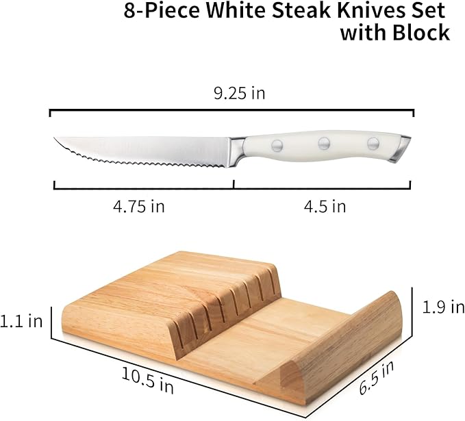 Alata 8-Piece White Steak Knives Set with Block, Stainless Steel Steak Knife set with Serrated Edge, Razor-Sharp, Full-Tang Construction