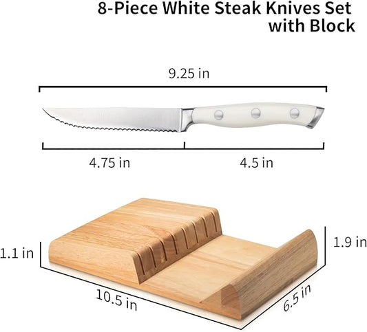 Alata 8-Piece White Steak Knives Set with Block, Stainless Steel Steak Knife set with Serrated Edge, Razor-Sharp, Full-Tang Construction