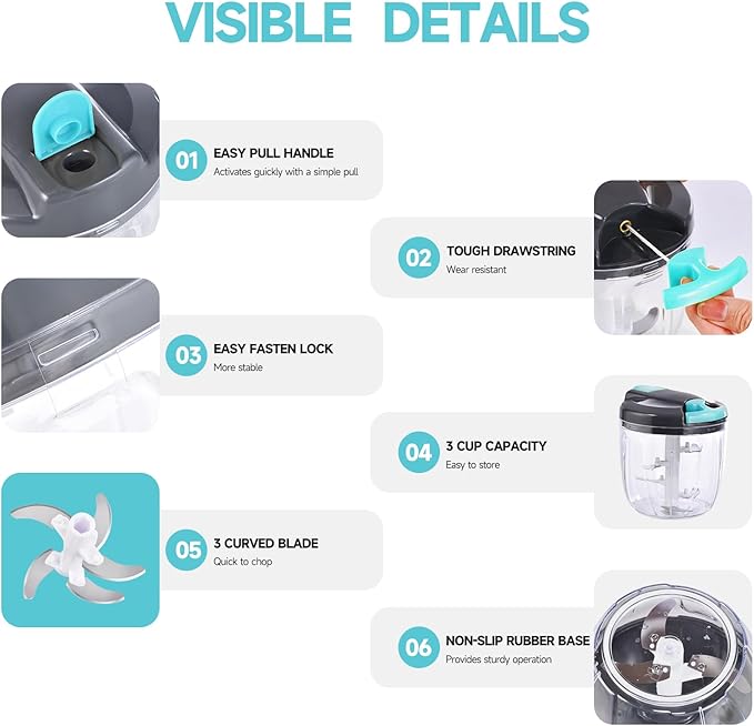 Ziweaye Manual Food Processor Vegetable Chopper, Portable Hand Pull String Garlic Mincer Onion Cutter for Veggies, Ginger, Fruits, Nuts, Herbs, etc., （900ml,Gray-blue）