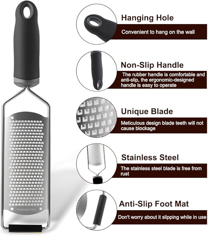 Upgraded Lemon Zester & Cheese Grater, Food Grade Stainless Steel None-Slip Hand Fine Grater for Garlic, Ginger, and Chocolate, Durable and Easy-To-Clean（Dishwasher Safe）
