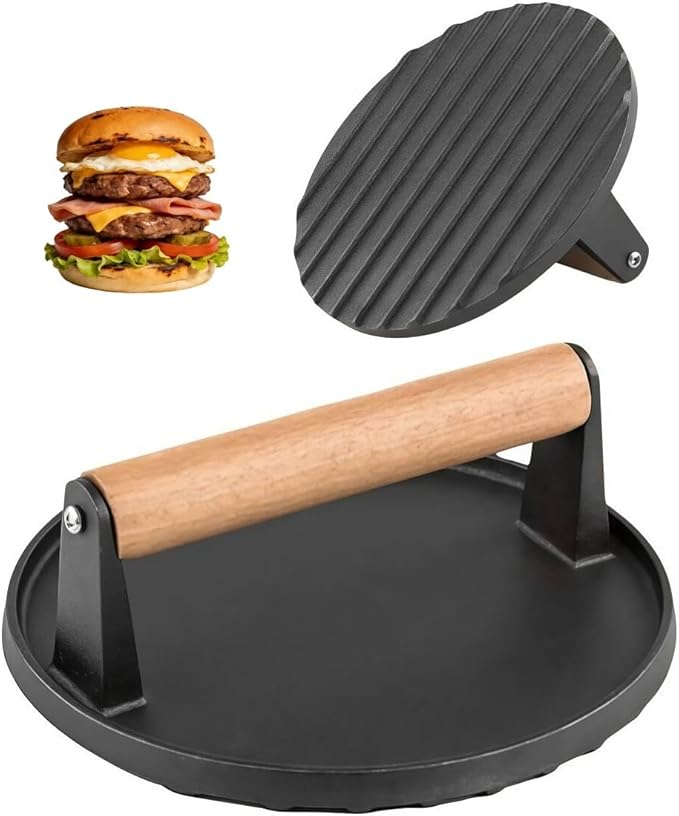 Cast Iron Grill Press with Ribbed Base, 2LB 7 Inch Round Smash Burger Press with Wood Handle, Heavy Duty Bacon Press & Meat Weight for Perfect Searing, Nonstick Kitchen Tool for Stovetop, Griddle, BBQ