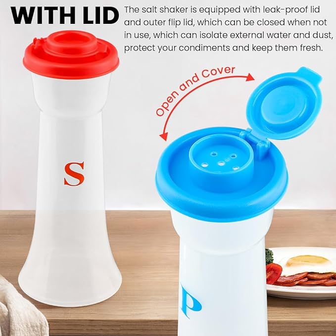 Salt and Pepper Shaker Set, Plastic Salt and Pepper Shaker Set with Lids,Airtight Spice Jar Dispenser for Restaurant Cleaning Brush Camping Home Kitchen Picnic (COLOR:2pcs Blue+2pcs Red)