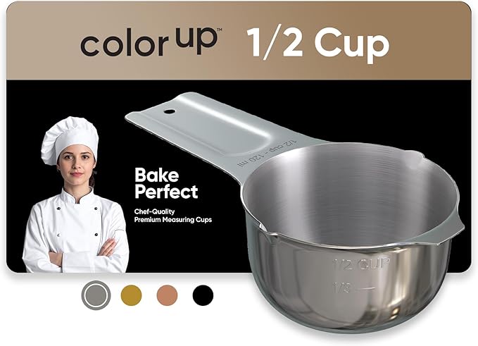 Color Up ½ Cup Measuring Cup (120 ml) – Premium Chrome Stainless Steel, Accurate for Wet & Dry Ingredients, Embossed Markings, Easy-Pour Spouts, Dishwasher-Safe, Kitchen Essential