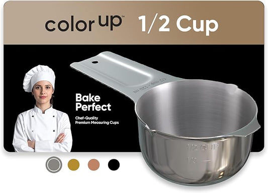 Color Up ½ Cup Measuring Cup (120 ml) – Premium Chrome Stainless Steel, Accurate for Wet & Dry Ingredients, Embossed Markings, Easy-Pour Spouts, Dishwasher-Safe, Kitchen Essential
