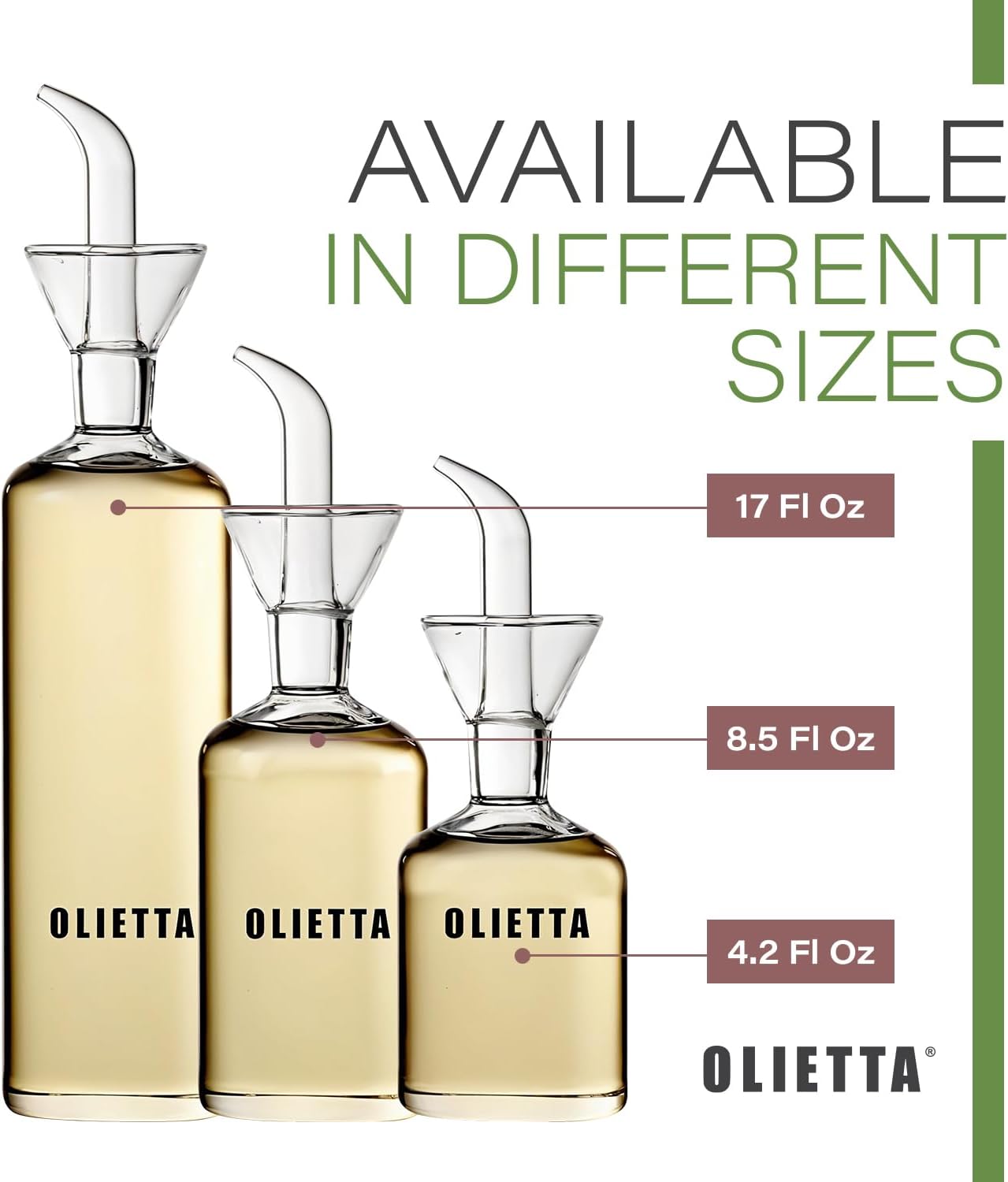 Olietta Olive Oil Dispenser Bottle Borosilicate Glass - Non Drip Oil Dispenser for Kitchen, Leak Proof Vinegar Drizzler Cruet, Easy Clean, 17 Ounces, Modern