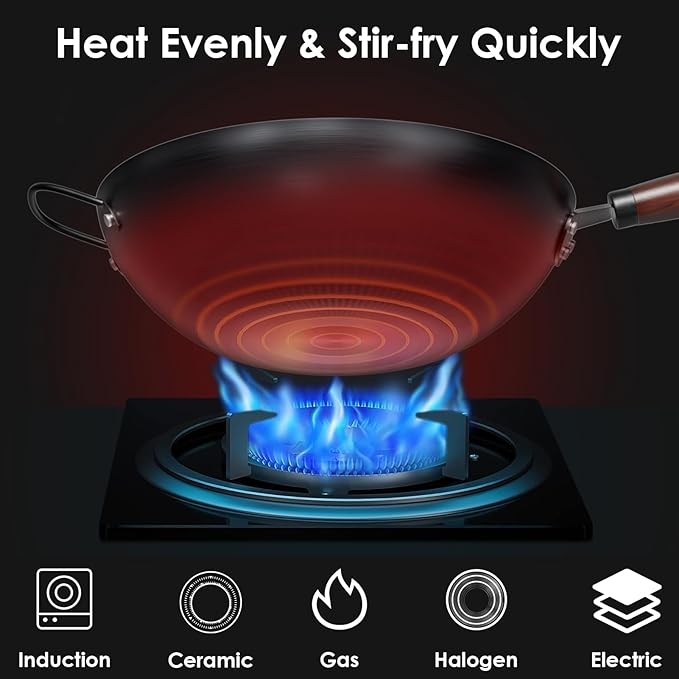 BEETLA Steel Wok Pan, 11.8-inch/12.6-inch/13.4-inch Stir Fry Pans Chinese Wok Flat bottom Iron wok for Induction, Electric, Gas, Halogen All Stoves Ideal for Stovetop Cooking (13.4-inch)