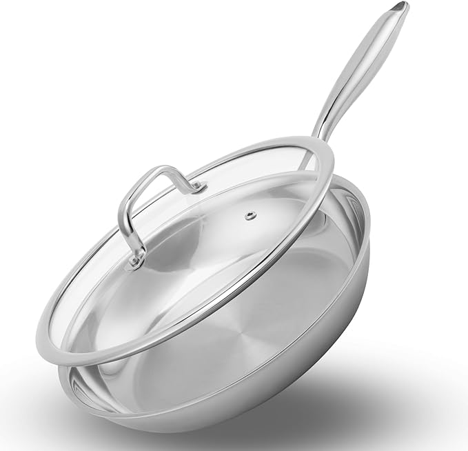 Ranbomer Stainless Steel Pan，Non-Toxic PFAS, PFOA & PTFE Free, Compatible With All Cooktops & Induction Safe, Oven Safe Pan for Searing & Sautéing, Long Lasting Cookware. (12 Inch)