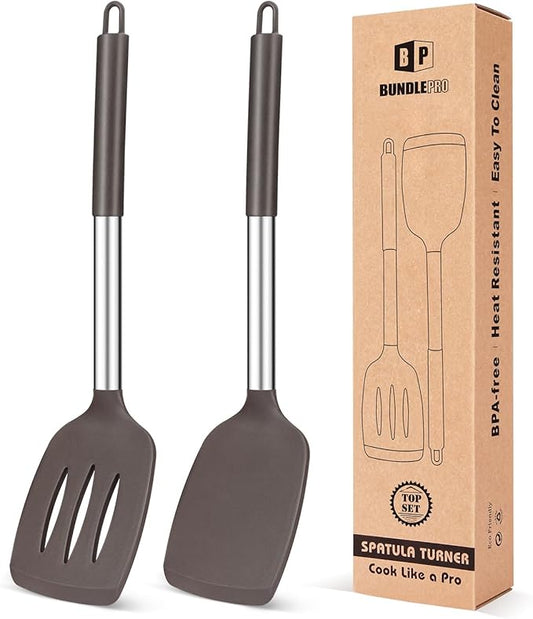 Pack of 2 Silicone Solid Turner, Non Stick Slotted Kitchen Spatulas, High Heat Resistant BPA Free Cooking Utensils, Ideal Cookware for Fish, Eggs, Pancakes(Chocolate)