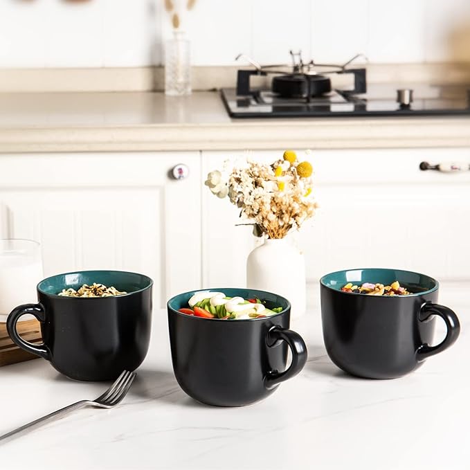 GBHOME Jumbo Soup Mugs with Handles, 24 Oz Large Coffee Mugs Set of 4, Ceramic Soup bowls for Coffee,Cereal,Snacks,Salad,Noodles etc Soup Cups,Microwave&Dishwasher safe-Green Inside