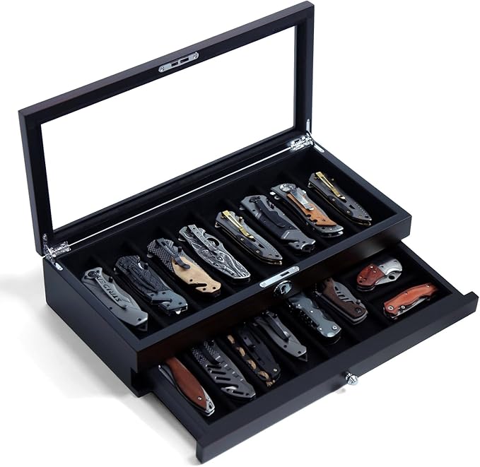Bonaking Knife Display Case Two-Tier Pocket Knife Case Box Storage for 15-17 Pocket Knives Pocket Knife Collection Case Organizer for Men Gift (Ebony veneer 17 slot)