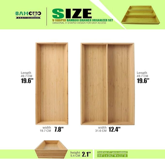 V-Shaped 2-Pack 19.6" Long Bamboo Drawer Organizer Box - Easy Reach Kitchen Utensil Flatware Silverware Cooking Tools Storage for Home Bedroom Bathroom (19.6"x12.4"/19.6"x7.8")