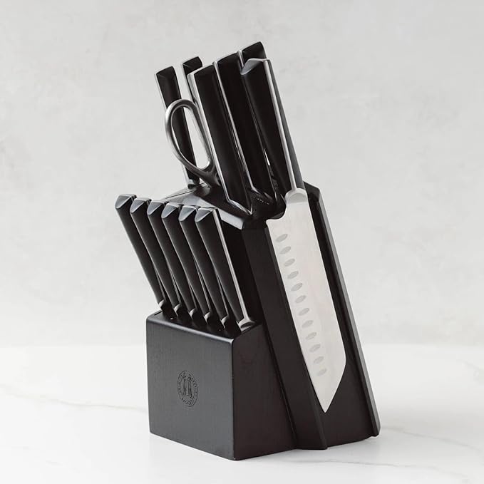 Schmidt Brothers -Highline- 14-Piece Knife Set, High-Carbon Stainless Steel Cutlery With Ebony-Stained Wood And Built-In Two Stage Sharpener Knife Block