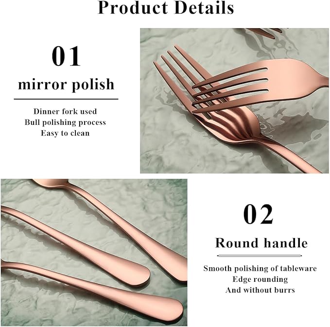 Evanda Rose Gold Dinner Fork 12 Pieces, Rose Gold Titanium Plating Stainless Steel 8.07inch Forks, Cake Forks, Table Forks,Dessert Forks, Easy To Clean, Dishwasher Safe
