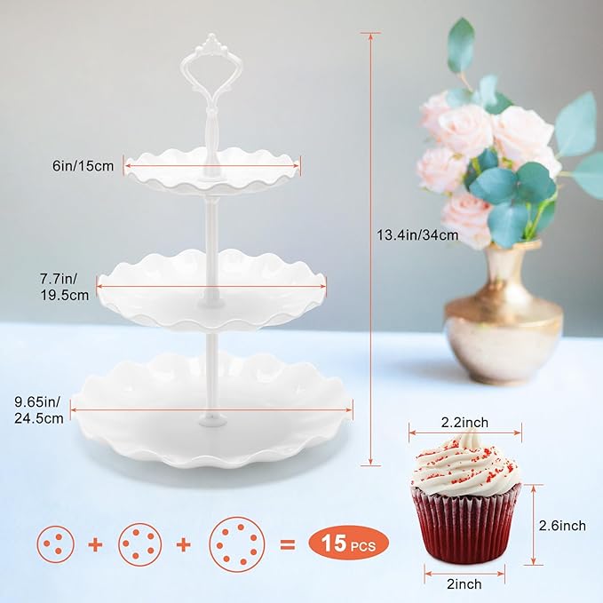 Coitak 3 Tier Cupcake Stand, Plastic Tiered Serving Stand, Dessert Tower Tray for Tea Party, Birthday and Wedding (Wavy-white rod)