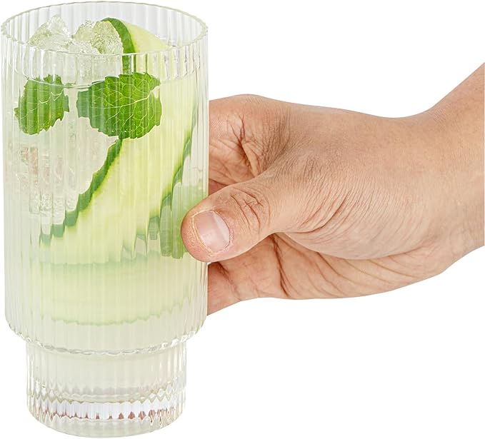 Restaurantware-Vetri 10 Ounce Highball Glasses, 24 Ribbed Drinking Glasses - No-Lead, Dishwashable, Clear Glass Tumblers For Scotch, For Drinking Liquor, Cocktail, Bourbon, Cognac, And More