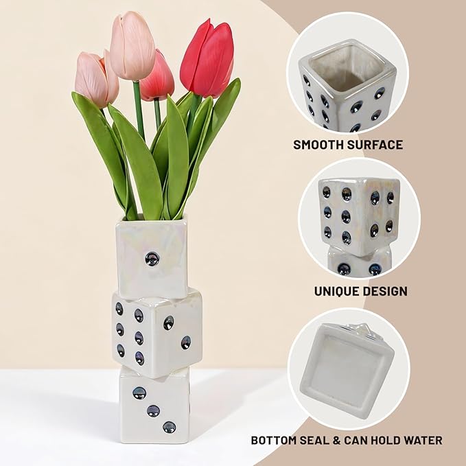 Modern Ceramic Dice Vase - Small Unique Decorative Vase for Dried Flowers, Roses and Pampas Grass | Ideal Centerpiece for Living Room, Coffee Table - Single Stem Bud Vase Gift for Home Decor
