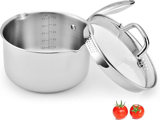 Fracoda 3.5 Quart Stainless Steel Pot Saucepan with Glass Strainer Lid, Sauce Pot with Two Side Spouts, Induction Cooking Pot, Multipurpose Sauce Pan with Lid for Cooking(Tri-Ply Full Body)