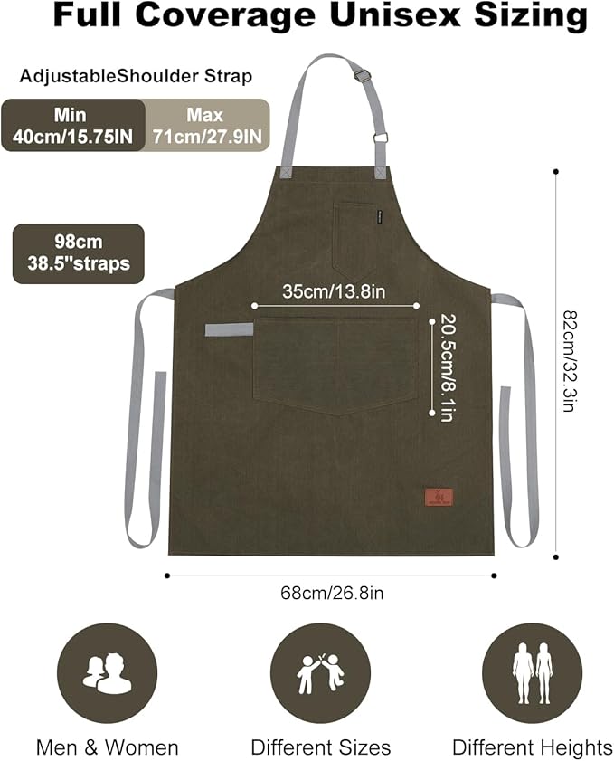 Womens Apron with Pockets Adjustable Shoulder Strap,Aprons for Men 38.5" Extra-Long Straps Fit More Body Types,Chef Apron for Kitchen Garden Barbecue Woodworking(Dark Green)