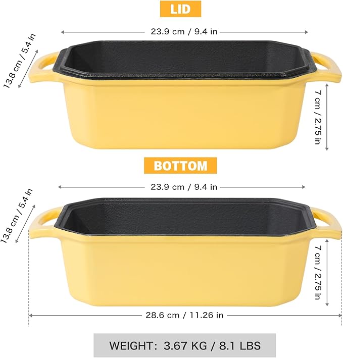 Flavehc Bread Pan Cast Iron Loaf Pan with Lid Bread Loaf Pan 9x5 Inch Loaf Pan Enameled Cast Iron Sourdough Loaf Pan, Yellow