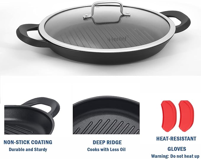 Vinchef Nonstick Grill Pan for Stove tops | 13.0" Skillet, Indoor Induction Cast-aluminum Grill Pan with Lid and Anti-Scalding Tools, GRANITEC Nonstick Coating, Dishwasher & Oven Safe