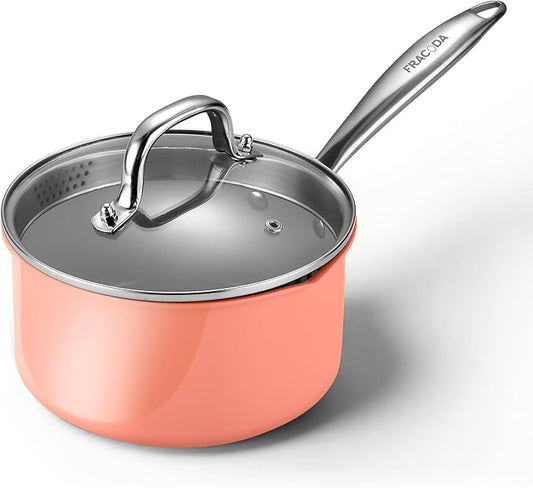 Fracoda Nonstick Ceramic Saucepan 2.5 Qt,Sauce Pot with Strainer Lid,Two Side Spouts for Easy Pour with Ergonomic Handle,Non Toxic,PTFE &PFOA Free - Oven Safe Compatible with All Stovetops,Perracotta