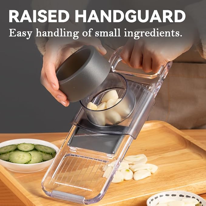 KEOUKE Transparent Multifunctional Mandoline Slicer with Large Strainer - 6 Blades Interchangeable, Handheld Vegetable Cutter with Hand Guard for Kitchen, Onion, Garlic, Safe Food Slicer