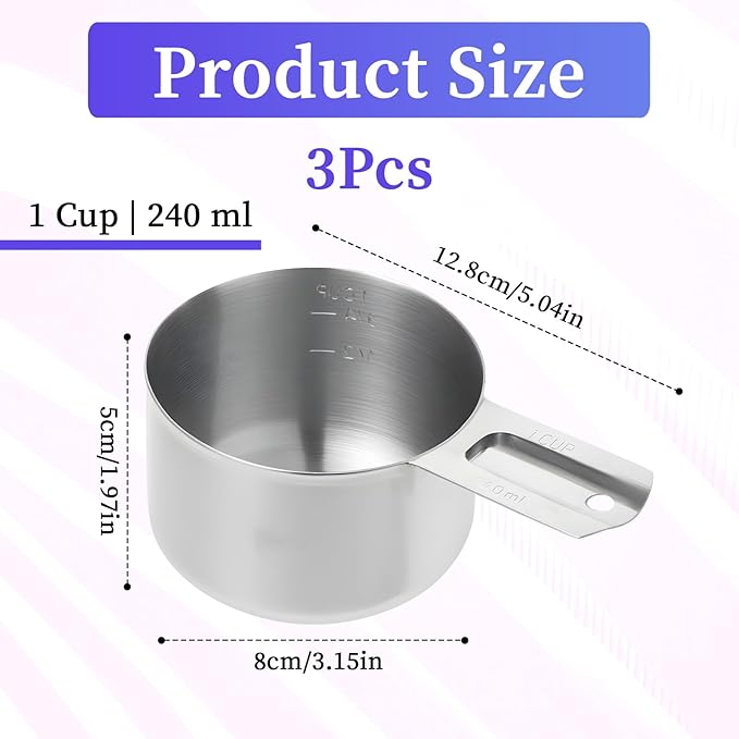 3 Pack 1 Cup Stainless Steel Measuring Cup Metal Measuring Cups with Handle Kitchen Cooking Gadgets Rice Measuring Cup for Wet and Dry Ingredients (240 ml | 240 cc | 8 oz)