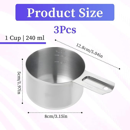 3 Pack 1 Cup Stainless Steel Measuring Cup Metal Measuring Cups with Handle Kitchen Cooking Gadgets Rice Measuring Cup for Wet and Dry Ingredients (240 ml | 240 cc | 8 oz)