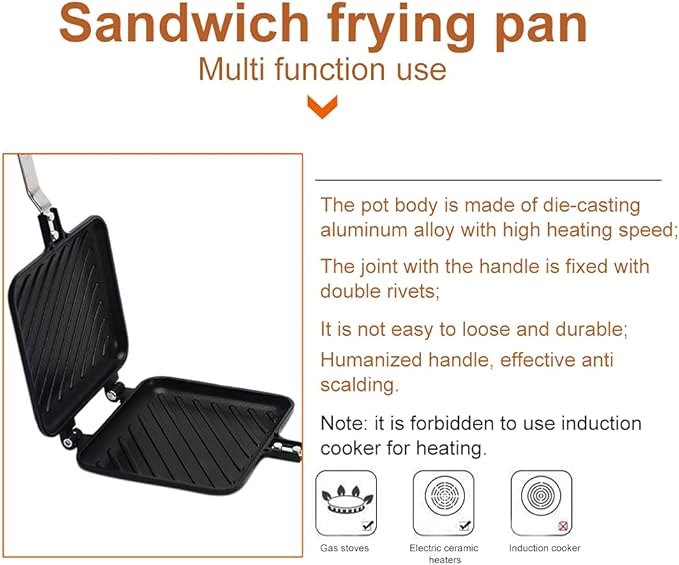 Double-Sided Frying Pan, Double-Coated Non-Stick Grilled Sandwich and Panini Maker, Waffle Pancake Snack Griddle Pan Kitchen Tortillas Sandwich Maker