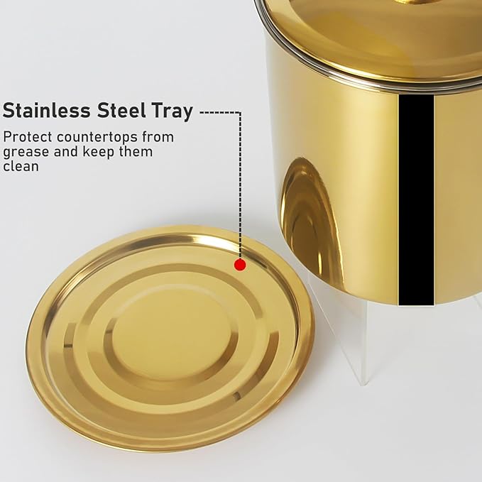 Tellshun Bacon Grease Container with Strainer 1.8 L / 60 oz Kitchen Catcher Food-grade Stainless Steel Cooking Oil Keeper with Lid and Easy-Grip Handle Suitable for Storing Frying Oil