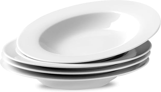 Ceramic Soup Bowls Shallow Plates, Valentine 4 Pack White Dinner Bowls Plates, Porcelain Wide Rim, 8.5 Inch (8.5 oz) Shallow Bowls Ideal for Soup Dessert Salad and Pasta, Microwave and Dishwasher Safe