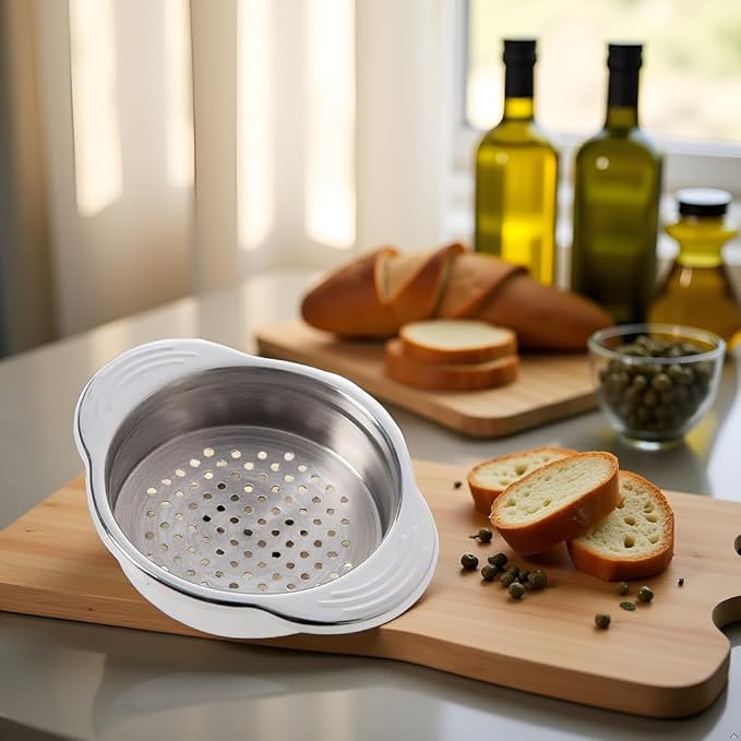 1Pc Silver Stainless Steel Food Can Strainer Sieve Tuna Press Lid Oil Drainer Remover, Unique No-Mess Dishwasher Design New Released Attractive Width 2cm Colanders and Food Strainers