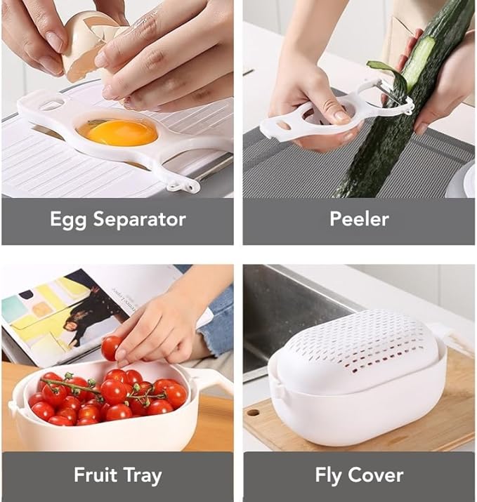 Blue 6-in-1 Vegetable Slicer and Grater with Drain Basket – Multifunctional Kitchen Mandoline Cutter for Slicing, Shredding, Grating – Includes 6 Blades – Wash & Cut Integrated Design