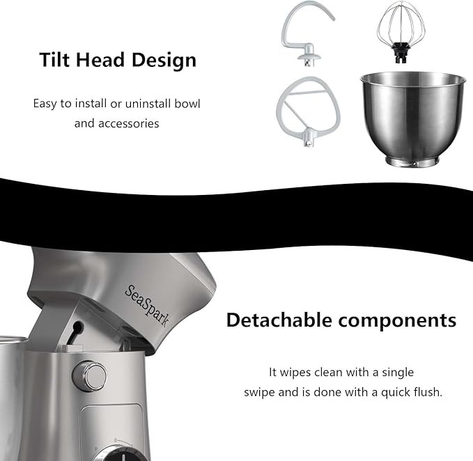 SeaSpark Stand Mixer, 3 in 1 Stand Mixer, 5.5Qt Electric Mixer, Mixer with Stainless Dough Hook, Wire Whip & Beater, Food Mixer for Baking, Cake and Most Home Cooks, Silver