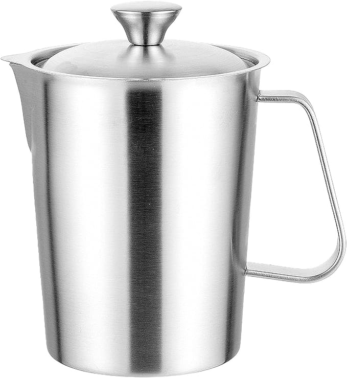 2L Measuring Cup, 304 Stainless Steel Pitcher with Lid, Liter/Oz Marking and Handle, Large Mouth Graduated Beaker, Food-grade Metal Milk Frothing Pitcher (70Oz 8 Cup)