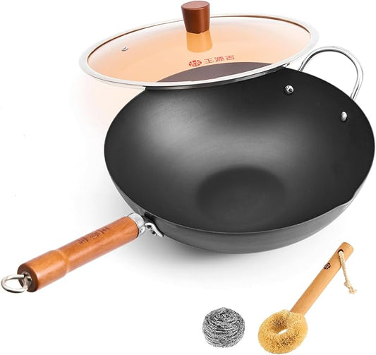 WANGYUANJI 13.4" Flat-Bottom Iron Wok with Glass Lid, Uncoated Stir-Fry Pan, Fast-Heating Refined Iron, Induction/Gas/Electric Compatible, Wooden Handle & Helper Ring (Seasoning Required)